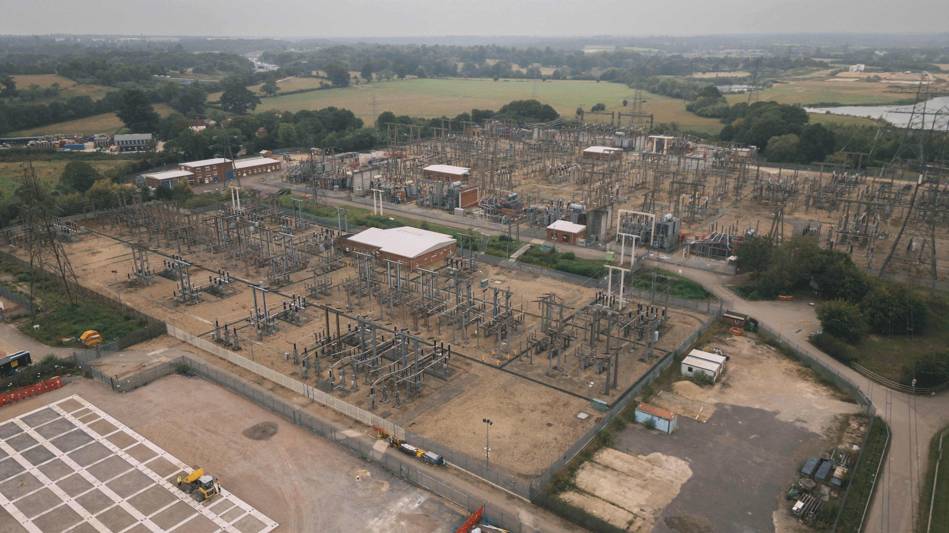 An aerial view of a grid supply point in Reading in Berkshire, looking down on the array of electricity distribution equipment