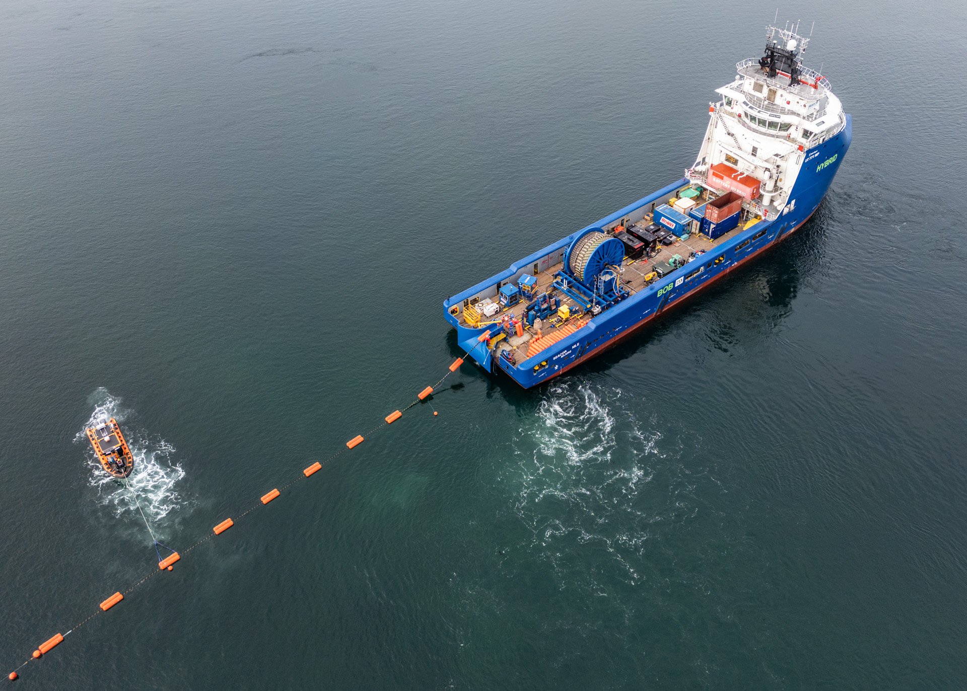 An aerial shot of the cable-laying vessel in the waters between Islay and Jura