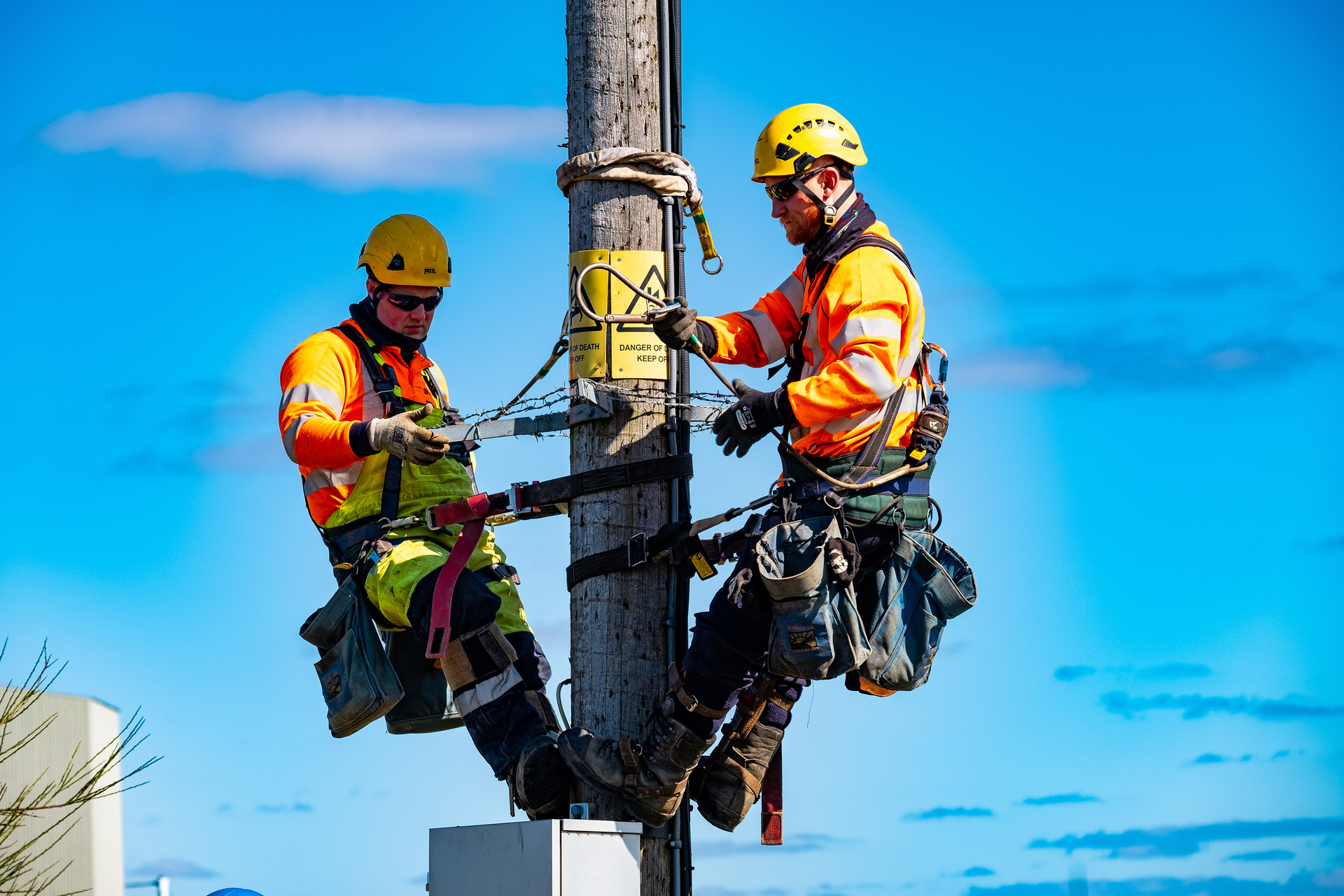 Engineers working at height on pole