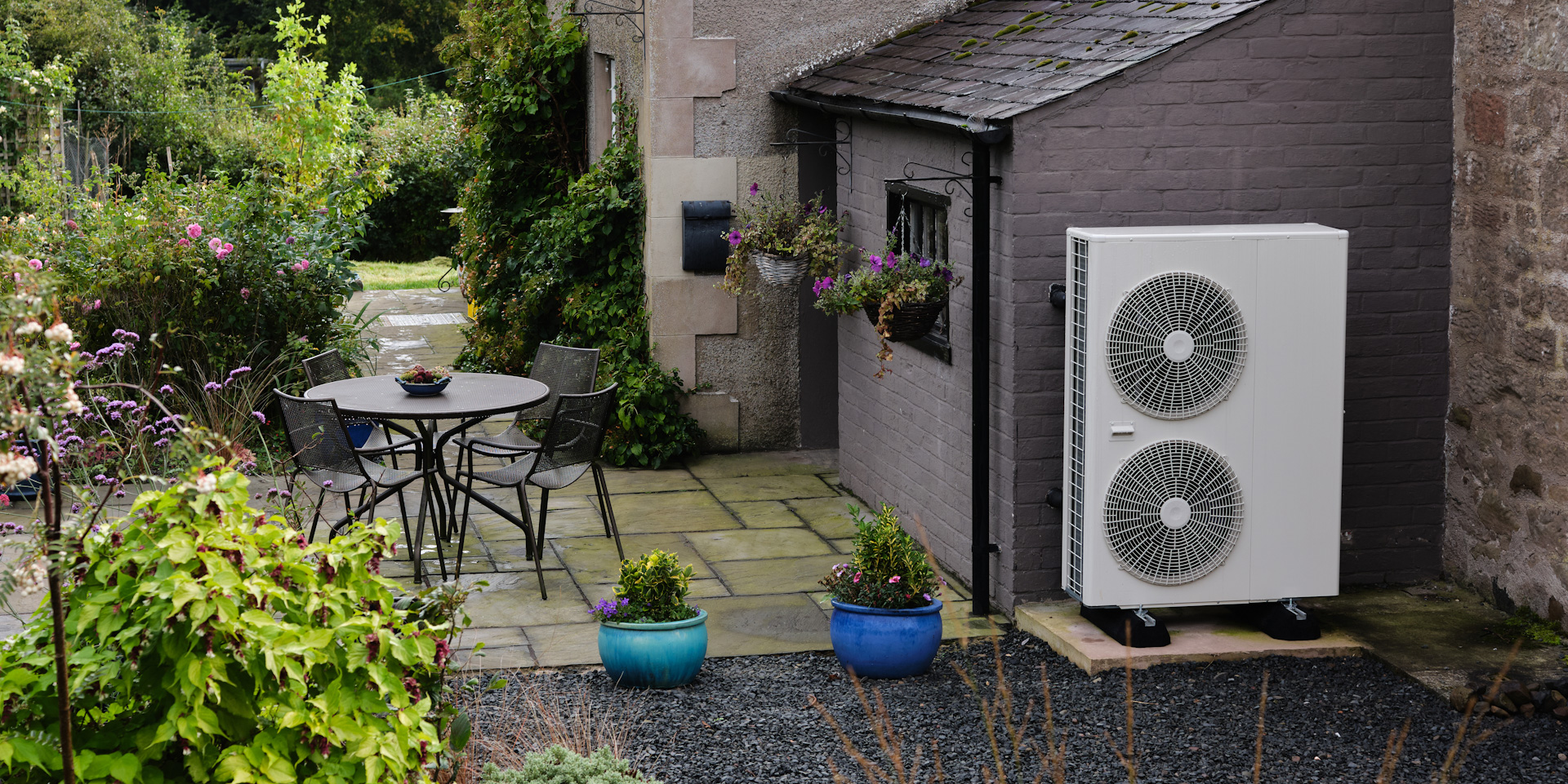 A heat pump in the garden of a domestic property in the north of Scotland