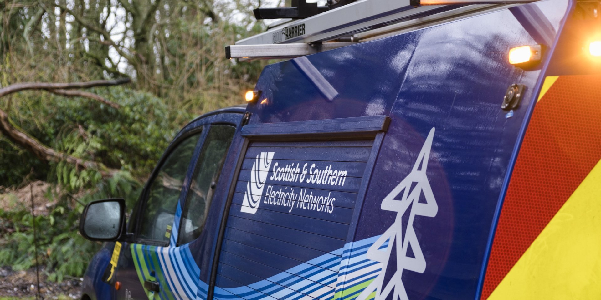 A close-up image of an SSEN Distribution van on deployment in a storm situation